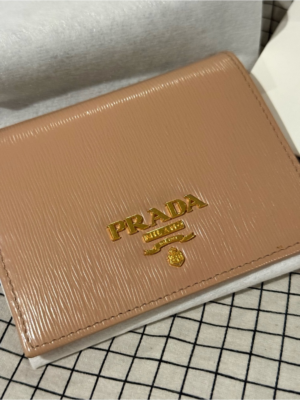 Prada Saffiano Leather wallet in Nude Pink with Gold Logo
